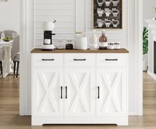 Sideboard, Kitchen Cabinet with 3 Drawers and 3 Doors for Kitchen, Buffet Cabinet with Worktop for Dining Room, Living Room, Wood, White & Brown