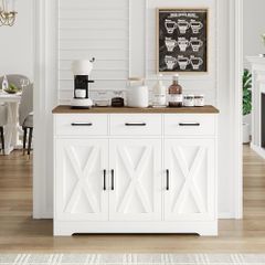 Sideboard, Kitchen Cabinet with 3 Drawers and 3 Doors for Kitchen, Buffet Cabinet with Worktop for Dining Room, Living Room, Wood, White & Brown