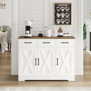 Sideboard, Kitchen Cabinet with 3 Drawers and 3 Doors for Kitchen, Buffet Cabinet with Worktop for Dining Room, Living Room, Wood, White & Brown