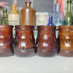 143 - Set of 4 Vintage 2oz Bovril Dark Brown Glass Embossed Letters Collectible Decorative Jars