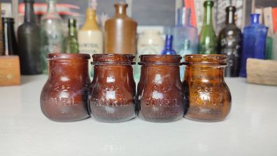 143 - Set of 4 Vintage 2oz Bovril Dark Brown Glass Embossed Letters Collectible Decorative Jars