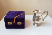 Silver plated tankard in blue velvet box