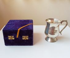 Silver plated tankard in blue velvet box