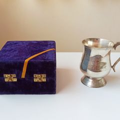 Silver plated tankard in blue velvet box
