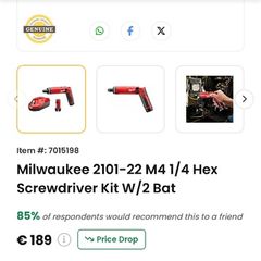 Milwaukee 2101-22 M4 1/4 Hex Screwdriver Kit W/2 Bat
