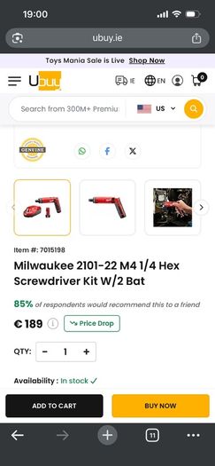 Milwaukee 2101-22 M4 1/4 Hex Screwdriver Kit W/2 Bat