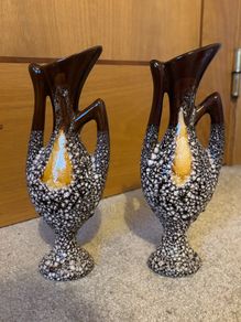 2 Atomic Mid Century Lava Vases West German Style Volcanic Glaze Amphora