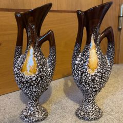 2 Atomic Mid Century Lava Vases West German Style Volcanic Glaze Amphora