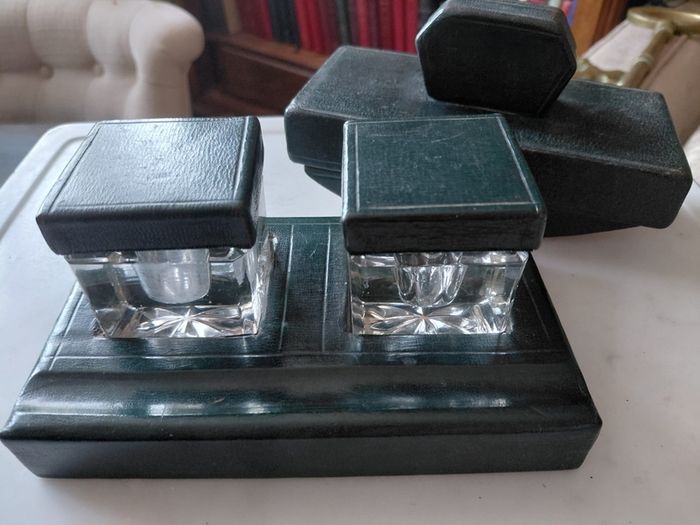 Antique double ink well desk stand with matching desk rocking blotter