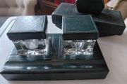 Antique double ink well desk stand with matching desk rocking blotter