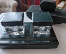 Antique double ink well desk stand with matching desk rocking blotter