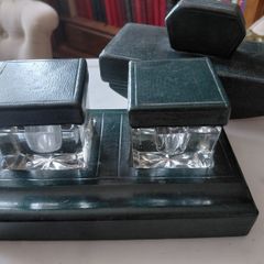 Antique double ink well desk stand with matching desk rocking blotter