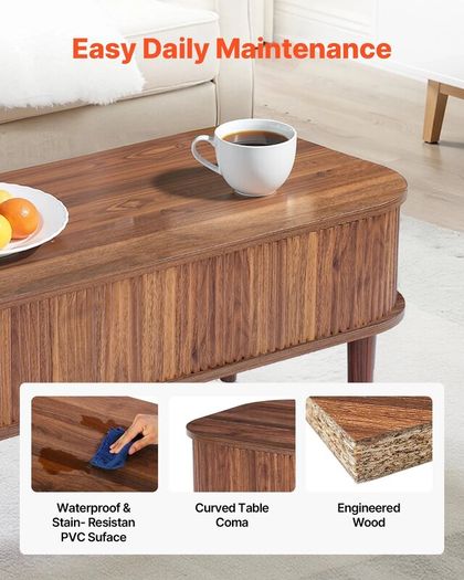 Walnut Lift Top Coffee Table, Fluted Oval Coffee Table with 3 Hidden Compartment, Mid Century Wooden Oval Center Desk with Storage