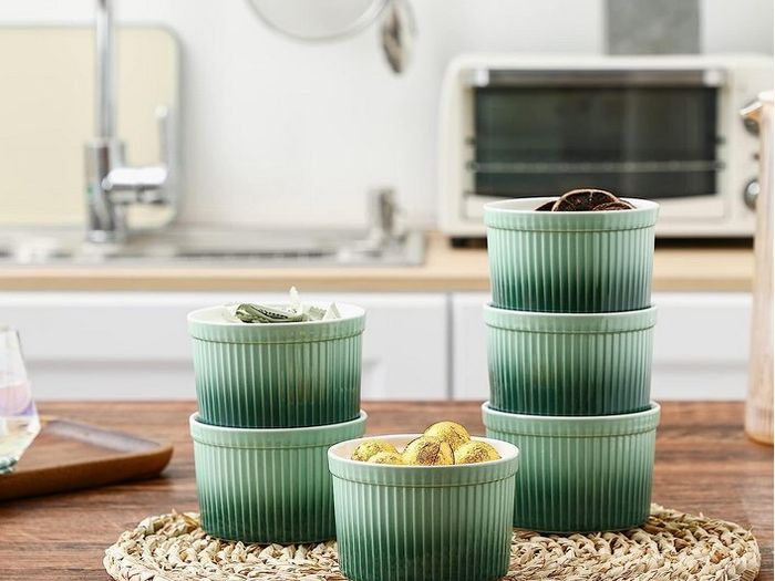 12 Porcelain Ramekins, Henten Home Souffle Dishes Bowls for Baking, Pudding, Creme Brulee, Custard Cups, Serving Dip, Oven, Microwave and Dishwasher Safe