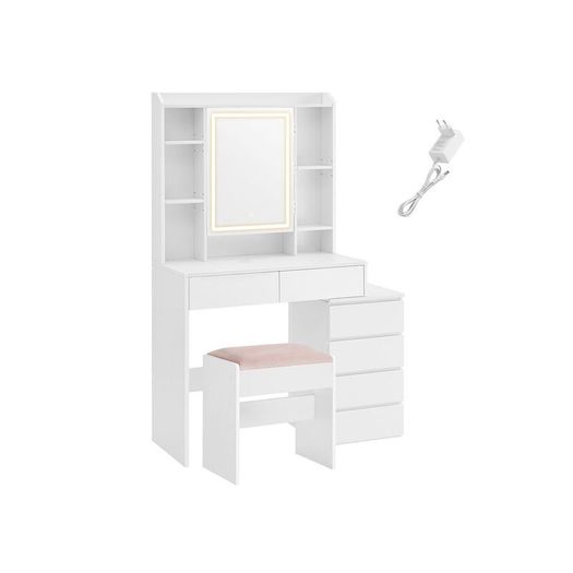 Dressing table with LED lighting and Padded stool  modern with drawers  cloud-white and stool