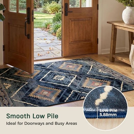 Machine Washable Large Rugs Living Room, 180x270 cm Non-Slip Area Rugs, Short Pile Blue Rug for Bedroom, Hallway, Bedroom, and Kitchen, Office, Blue