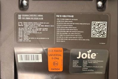 Joie stages car seat suitable from birth to 4 years.Infint incert included . Chair secured by car seatbelt