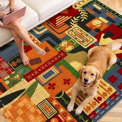 Washable Living Room Rugs 160x230cm Abstract Vintage Patchwork Rug  Non-Slip & Low Pile Indoor Carpet for Bedroom , Dining Room, Office Decor