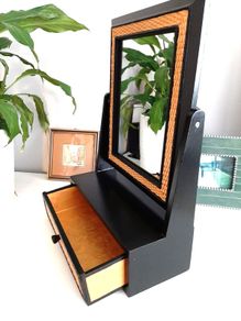 ..PRICE DROP.. Tabletop Mirror with Drawer, Black and Gold Rattan Detail