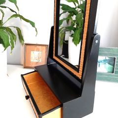 ..PRICE DROP.. Tabletop Mirror with Drawer, Black and Gold Rattan Detail