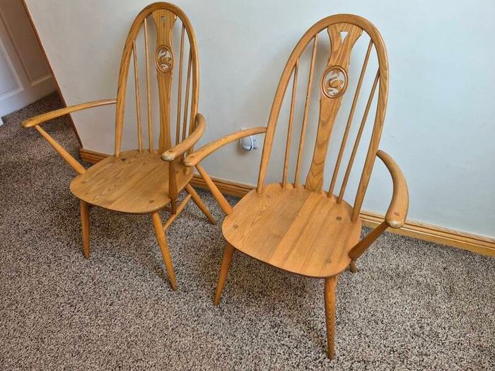 Pair of Vintage Ercol Blonde Swan Back Carver Dining Chairs
