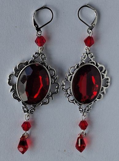 Gothic Ornate Filigree Deep Red Garnet Tassel Earrings