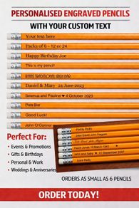 Personalised Engraved Pencils Pack 6,12 or 24.- 10+ Free postage