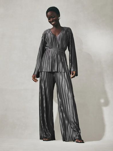 Brand New Nothing Ordinary Charcoal Grey Plisse Wide Leg Trousers in Size UK14