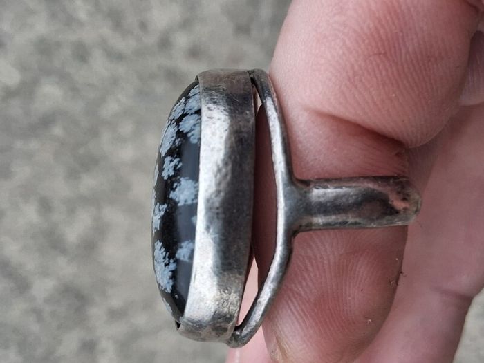 Midcentury Snowflake Obsidian Sterling Silver Ring