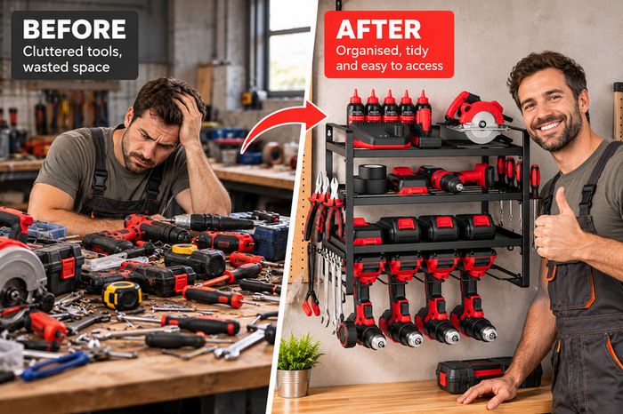 Heavy Duty Power Tool Organiser Wall Mounted 4 Tier Rack with 4 Drill Holders