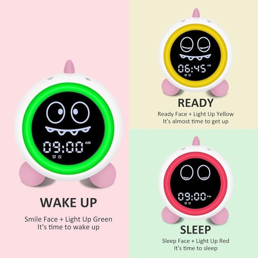 H-chin Kids Alarm Clock, Sleep Trainer for Children with Night Light, Sound Machine, Alarm Clock with Wake-Up Time for Toddlers (Pink)