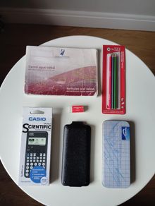 Casio scientific calculator, maths set, formulae & log book, pencils & eraser