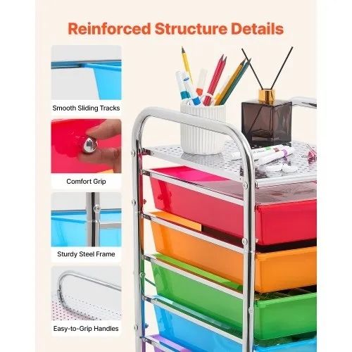 Rolling Cart with Drawers, 10 Drawer Storage Organizer, Mobile Utility Cart with Steel Frame, Universal Casters & 2 Brakes, Great for Office, Classroom, Craft Tools, Garage, Studio, Rainbow