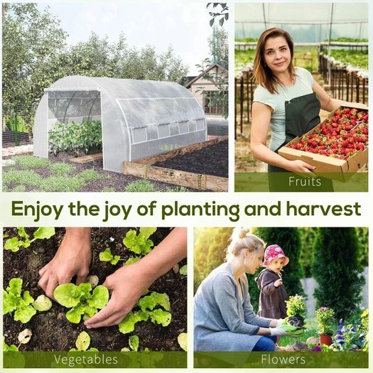 4 x 3 x 2 m Polytunnel Greenhouse w/ Roll-up Side Walls, Steel Frame Walk-in Grow House Tent w/ Zippered Door and 8 Windows and Reinforced Cover for Garden and Backyard, White