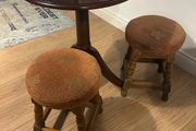 Small wooden bar table &amp; 2 vintage stools
