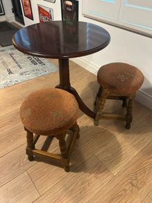 Small wooden bar table & 2 vintage stools