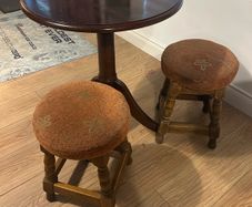 Small wooden bar table & 2 vintage stools