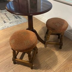 Small wooden bar table & 2 vintage stools