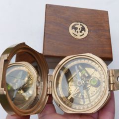 Vintage Stanley London Brunton  Brass Nautical Compass with Wooden Box