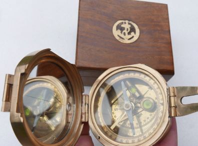 Vintage Stanley London Brunton  Brass Nautical Compass with Wooden Box