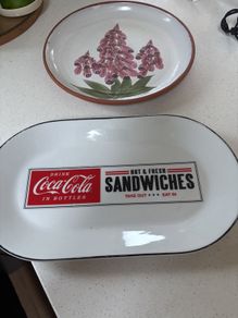 Major Clearance- A bundle- Judy Greene, Coco Cola Plate, Carnival Vintage Glass, Portmeirion Oil / Vinegar Bottle, Sophie Allport Fine Bone China  Bone China Spoon Rest, Olive Oil bottle, Wedgewood Saucer, Delrio Salado Hand Painted Napkin Holder