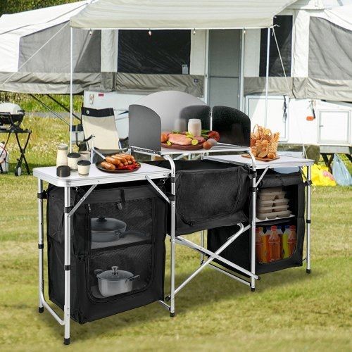 Black Camping Outdoor Kitchen Steel Windscreen Camping Kitchen Storage Table 3 Zippered Bags Camping Cook Table 2 Side Tables Camp Cook Table Portable Outdoor Camping Table for Outdoor (FREE SHIPPING)