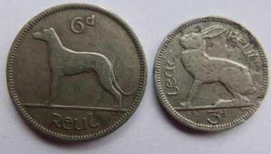 Vintage Irish Sixpence 1928 and 3 Pence 1933