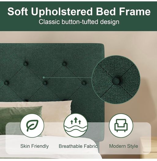 Single Bed Frame with Headboard, 90 X 190, Green Upholstered Bed Frame, Adjustable, Heavy Duty, Easy Assembly, No Box Spring Needed