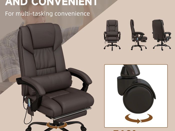 6-Point Massage Office Chair, PU Leather Desk Chair with Adjustable Height and Footrest for Home Office, Brown