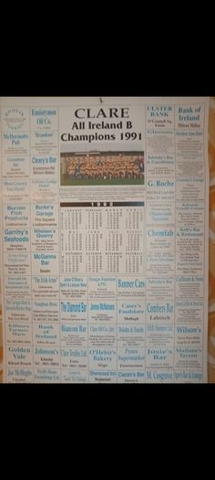 Clare All Ireland B Champions 1991 calendar. Hurling/GAA.