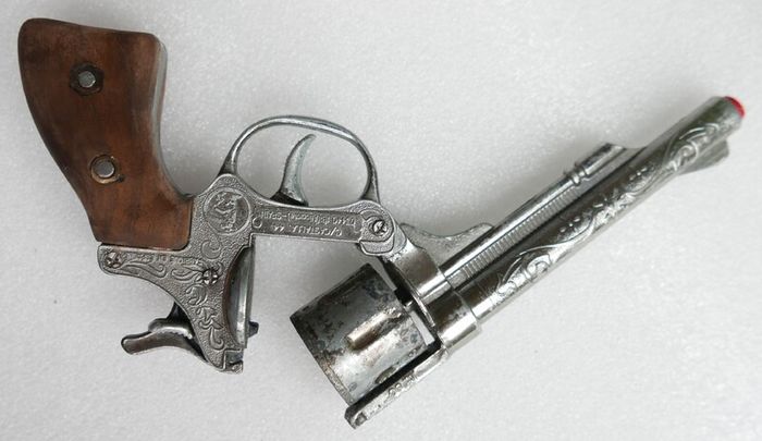 Vintage 60s Metal Cap Gun Firecracker Pistol, Wooden Handle