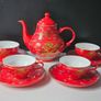 Chinese Red Porcelain Gold Dragon Tea Set Image 2