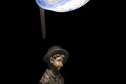 Bronze and marble lamp with signed antique glass shade