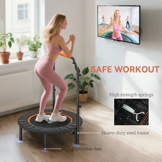 40" Foldable Mini Fitness Trampoline, with Adjustable Foam Handle, Orange